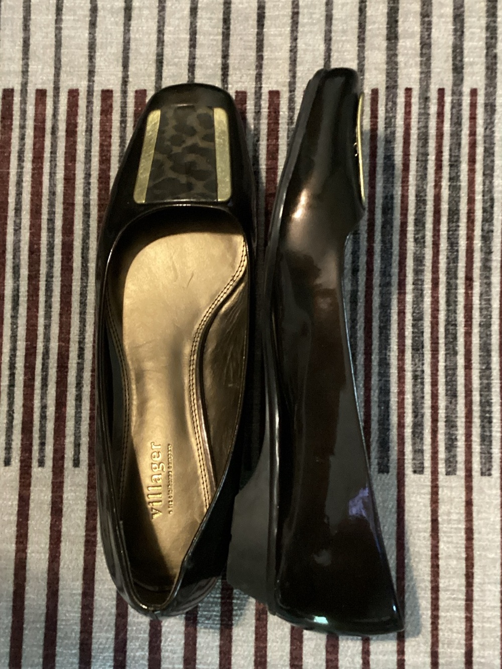 villager Black Patent Leather Square-Toe Flats with Gold Accent